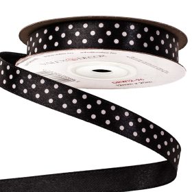 Panglică satinată cu buline albe 12mm x 20m - Negru