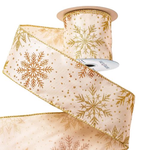 Panglică de Crăciun din satin cu sclipici și fulgi de nea 64mm x 6.4m – Crem