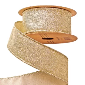   Panglică de Crăciun cu glitter și margine cu sârmă 40mm x 5m - Auriu