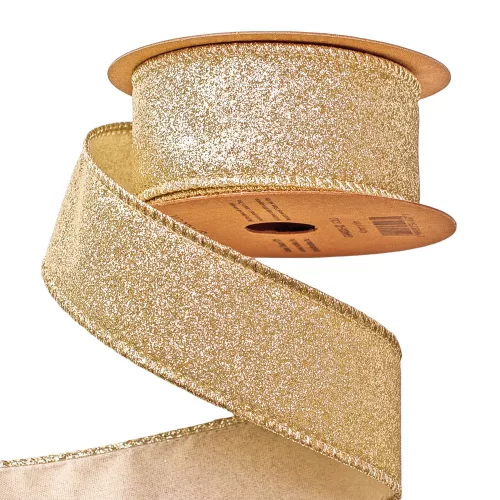 Panglică de Crăciun cu glitter și margine cu sârmă 40mm x 5m - Auriu