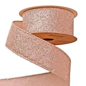   Panglică de Crăciun cu glitter și margine cu sârmă 40mm x 5m - Rose Gold