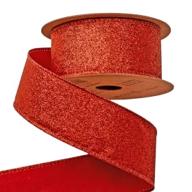   Panglică de Crăciun cu glitter și margine cu sârmă 40mm x 5m - Roșu