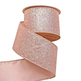   Panglică de Crăciun cu glitter și margine cu sârmă 63mm x 5m - Rose Gold