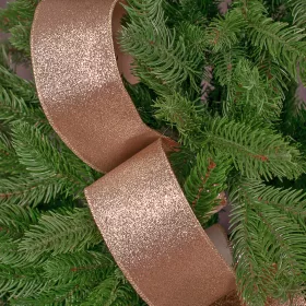   Panglică de Crăciun cu glitter și margine cu sârmă 63mm x 5m - Rose Gold