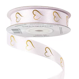   Panglică satinată albă cu inimioare aurii 16mm x 20m - Alb