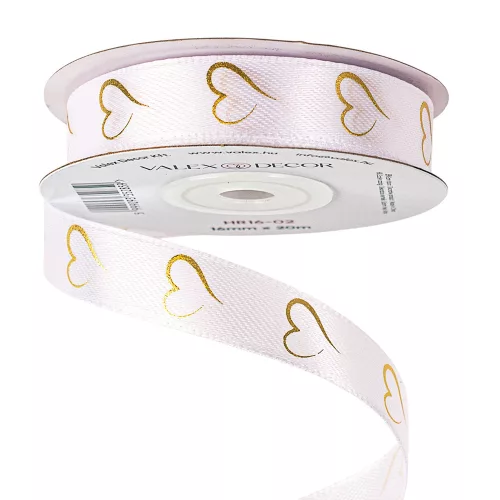 Panglică satinată albă cu inimioare aurii 16mm x 20m - Alb