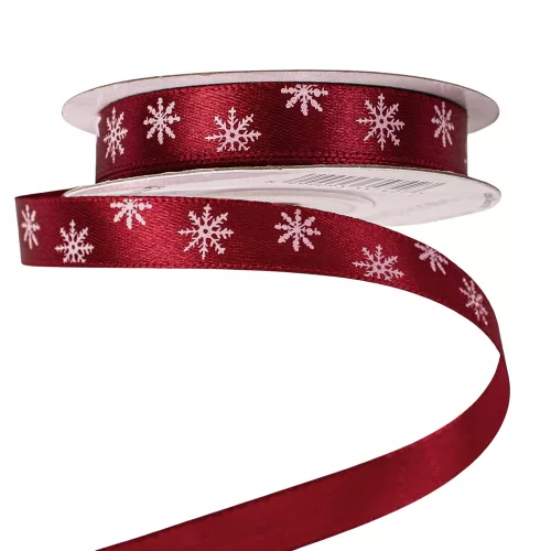 Panglică satinată de Crăciun cu fulgi de zăpadă 12mm x 20m - Bordo