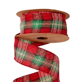   Panglică de Crăciun cu carouri și margine sârmă 38mm x 10m - Crem/Negru