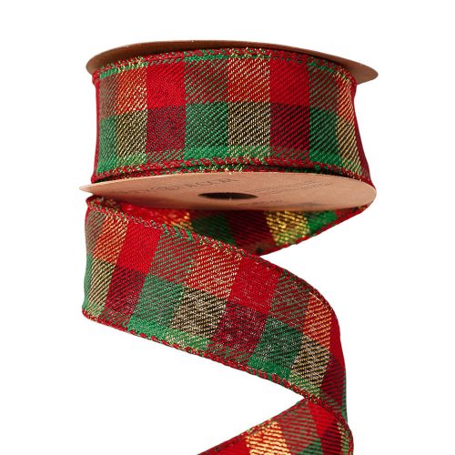 Panglică de Crăciun cu carouri și margine întărită – 38mm x 10m – Roșu/Auriu/Verde