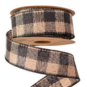   Panglică din pânză cu carouri și margine sârmă 40mm x 10m - Negru/Ecru