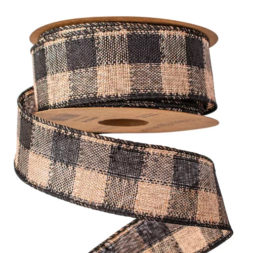 Panglică din pânză cu carouri și margine sârmă 40mm x 10m - Negru/Ecru