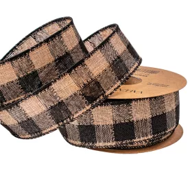   Panglică din pânză cu carouri și margine sârmă 40mm x 10m - Negru/Ecru