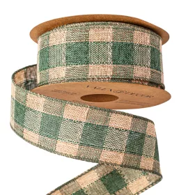   Panglică din pânză cu carouri și margine sârmă 40mm x 10m - Verde/Ecru