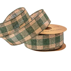   Panglică din pânză cu carouri și margine sârmă 40mm x 10m - Verde/Ecru