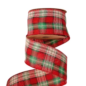   Panglică de Crăciun cu carouri și margine sârmă 63mm x 10m - Crem/Negru