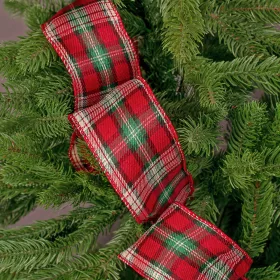   Panglică de Crăciun cu carouri și margine sârmă 63mm x 10m - Crem/Negru