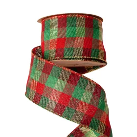   Panglică de Crăciun cu carouri și margine sârmă 63mm x 10m - Roșu/Auriu/Verde