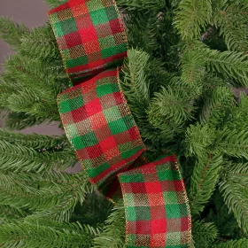   Panglică de Crăciun cu carouri și margine sârmă 63mm x 10m - Roșu/Auriu/Verde