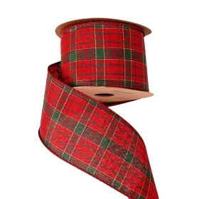   Panglică de Crăciun cu carouri și margine sârmă 63mm x 10m - Roșu/Auriu/Verde închis