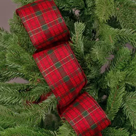   Panglică de Crăciun cu carouri și margine sârmă 63mm x 10m - Roșu/Auriu/Verde închis