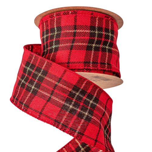 Panglică plușată de Crăciun cu carouri scoțiene și margine sârmă 63mm x 10m