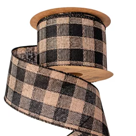   Panglică din pânză cu carouri și margine sârmă 63mm x 10m - Negru/Ecru