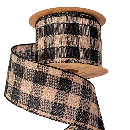 Panglică din pânză cu carouri și margine sârmă 63mm x 10m - Negru/Ecru