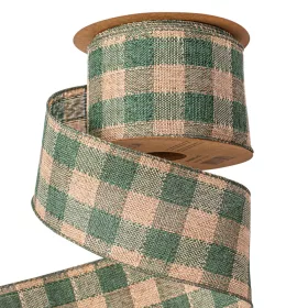   Panglică din pânză cu carouri și margine sârmă 63mm x 10m - Verde/Ecru