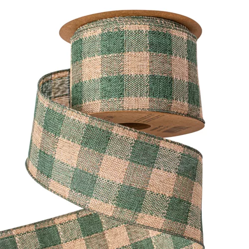 Panglică din pânză cu carouri și margine sârmă 63mm x 10m - Verde/Ecru