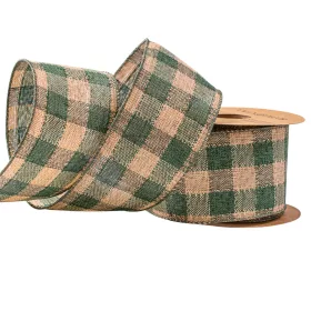   Panglică din pânză cu carouri și margine sârmă 63mm x 10m - Verde/Ecru