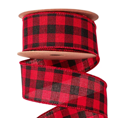 Panglică cu carouri cu margine sârmă 45mm x 10m - Roșu/Negru