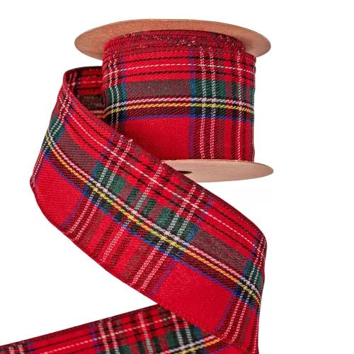 Panglică de Crăciun cu carouri și margine sârmă 63mm x 10m