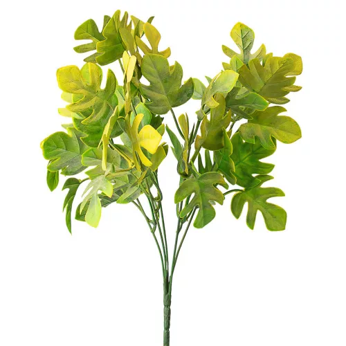 Buchet de monstera artificială, 5 ramuri, 35cm - Verde / Galben