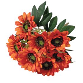   Buchet de flori din mătase Floarea-soarelui, 9 capete, 40cm înălțime, diametru cap de floare: 8cm - Portocaliu închis