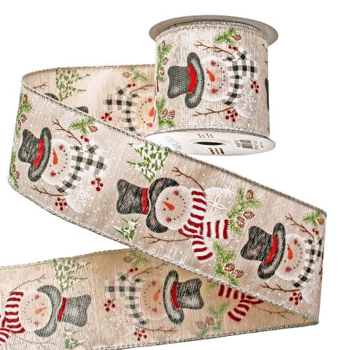 Panglică de Crăciun cu om de zăpadă margini sârmate 64mm x 6.4m