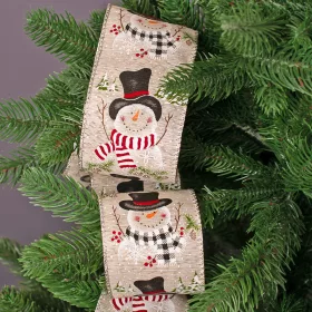   Panglică de Crăciun cu om de zăpadă și margine sârmă 64mm x 6.4m