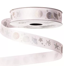 Panglică satinată cu model scoică 16mm x 6.4m - Alb