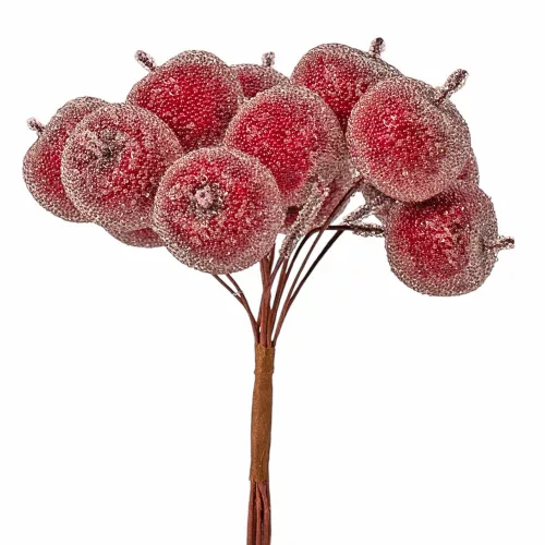 Decor pick cu mere mini zaharisite ⌀ 2.2cm, 12 fire, 10cm înălțime - Roșu