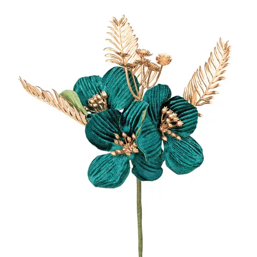 Decor pick cu flori aurii și verzi, 20cm înălțime