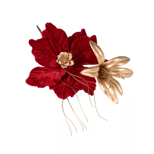 Decor pick cu floare de Crăciun și crin, 20cm înălțime - Bordo/Auriu