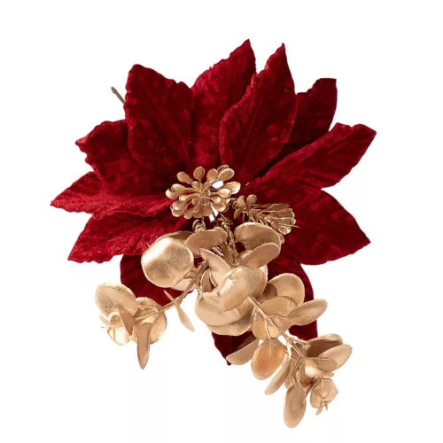Decor pick cu floare de Crăciun și eucalipt, 27cm înălțime - Bordo/Auriu