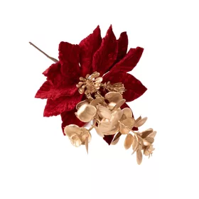   Decor pick cu floare de Crăciun și eucalipt, 27cm înălțime - Bordo/Auriu