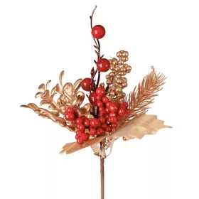   Decor pick cu frunze aurii și bobițe roșii, 24cm înălțime