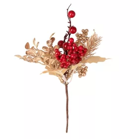   Decor pick cu frunze aurii și bobițe roșii, 24cm înălțime