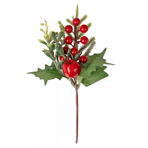 Decor pick cu bobițe roșii, frunze și crenguțe de brad, 21cm înălțime