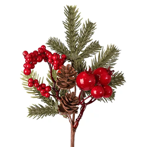 Decor pick cu bobițe roșii, crenguțe de brad și conuri, 24cm înălțime