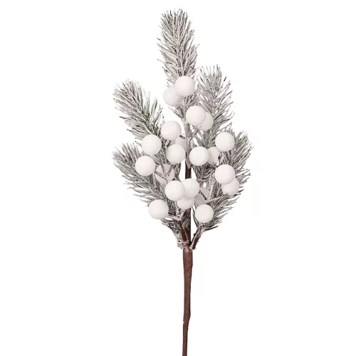 Decor pick cu bobițe albe și brad nins, 27cm înălțime
