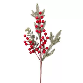   Ramură decorativă de iarnă cu bobițe roșii, brad și frunze de eucalipt, 49cm înălțime
