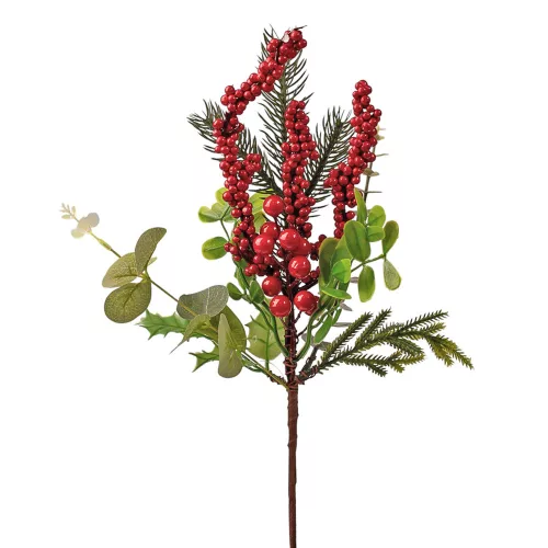 Ramură decorativă de iarnă cu bobițe roșii, crenguțe de brad și frunze de eucalipt, 35cm înălțime