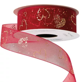 Panglică organza cu inimioare aurii 25mm x 10m - Roșu